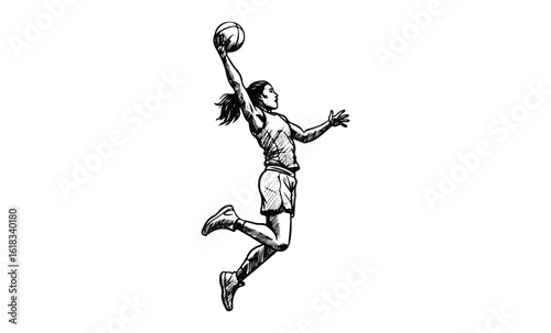 Female basketball player performing slam dunk in black and white sketch. Vector retro hand drawn illustration