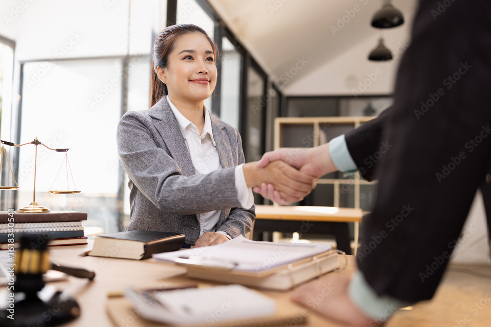 Lawyer Handshake in Business Meeting, Agreement and Partnership, Hammer of Justice, Lawyer Handshake in Business Meeting, Agreement and Partnership, Hammer of Justice,