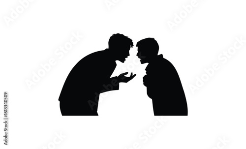 Silhouettes of two people in a heated argument and discussion. Vector retro hand drawn illustration