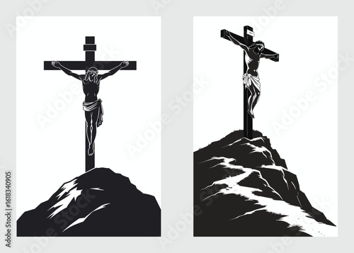 Black and white sketch of Jesus crucified on hill in religious symbolism