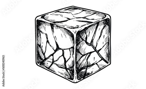 Hand-drawn cracked cube sketch in monochrome style. Vector retro hand drawn illustration