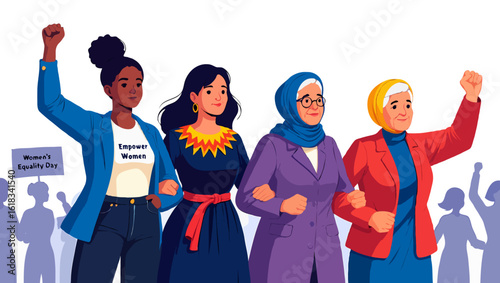 Vector art of celebrating womens equality day with diverse women protesting