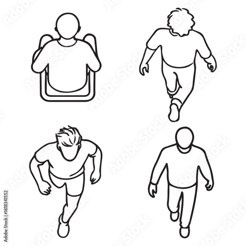 Set people outlines isolated on grey background. Sitting, walking, running. Top view vector silhouette