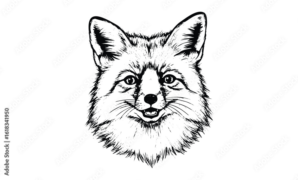 Fototapeta premium Intricate pen drawing of a smiling fox head with detailed fur and ears. Vector retro hand drawn illustration