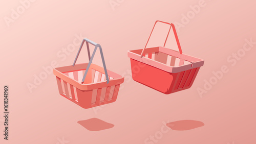 Two isometric shopping baskets floating on a pink background