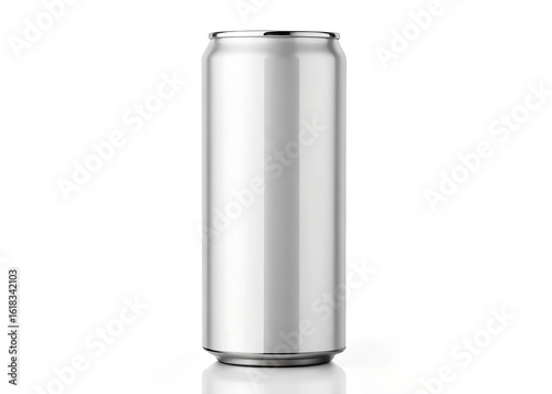 Tall slim aluminum can mockup with clean reflective surface, isolated on white background, suitable for energy drink or beverage packaging design, modern and minimalistic style