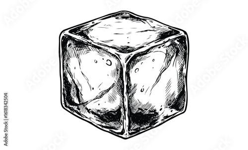 Detailed black and white sketch of a single ice cube. Vector retro hand drawn illustration