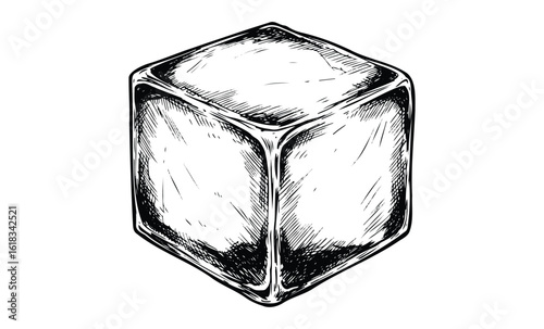 Detailed hand-drawn ice cube sketch with rough texture on white background. Vector retro hand drawn illustration