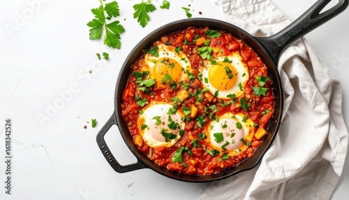 A cast iron skillet with shakshuka, featuring poached eggs in a spicy tomato sauce, garnished with fresh herbs on a white background.