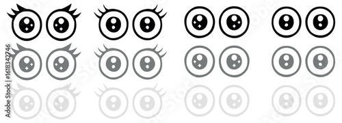 Cute Cartoon Eye Icons Set with Eyelashes and Expressions. Vector illustration Design isolated on Light Background.