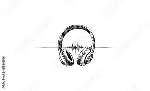 Headphones with sound wave artwork on white background. Vector retro hand drawn illustration