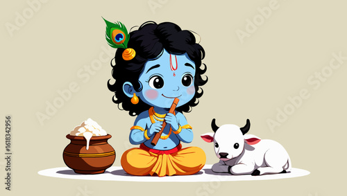 Vector art of a cute illustration of baby krishna playing the flute with a cow