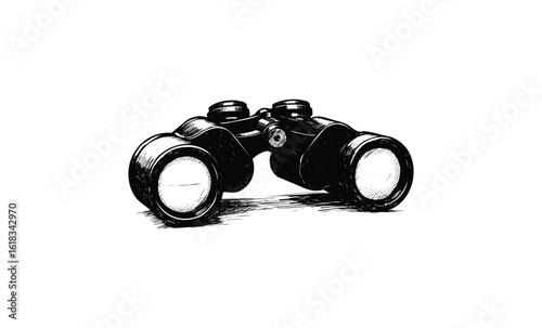 Monochrome sketch of vintage binoculars on white background. Vector retro hand drawn illustration