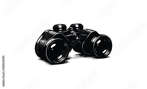 Detailed black ink drawing of vintage binoculars with shading. Vector retro hand drawn illustration