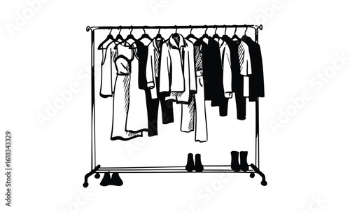 Black and white sketch of clothing rack with jackets and dresses. Vector retro hand drawn illustration