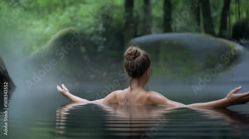 Serene Woman Relaxing in a Natural Hot Spring, Lush Forest Setting