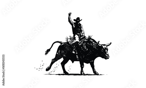Silhouette of cowboy bull riding. Vector retro hand drawn illustration
