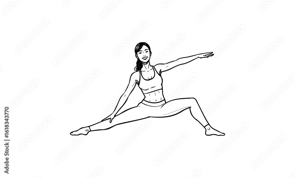 Fototapeta premium Asian female performing yoga stretch in activewear on white background. Vector retro hand drawn illustration
