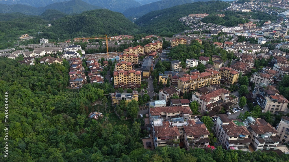 Fototapeta premium Aerial photography of summer houses in Xiannv Mountain town, Wulong District, Chongqing, China