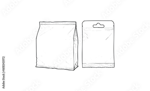 Blank packaging design of plastic bag and hanging retail package. Vector retro hand drawn illustration