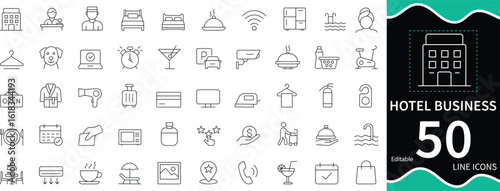 Hotel business icon set in clean outline style. Includes editable icons for hotel, accommodation, reception, room service, booking, luggage, and hospitality. Perfect for travel apps, websites, and tou