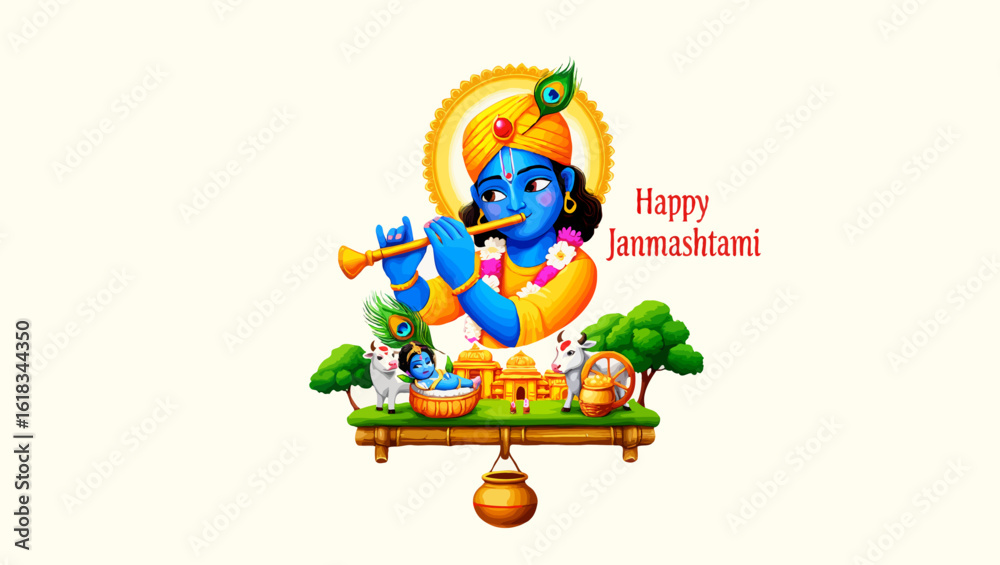 Fototapeta premium Vector art of a colorful illustration of happy janmashtami with krishna playing the flute