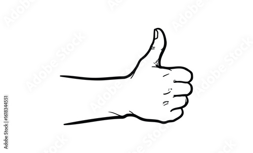 Thumbs up hand gesture sketch with black outline on white background. Vector retro hand drawn illustration