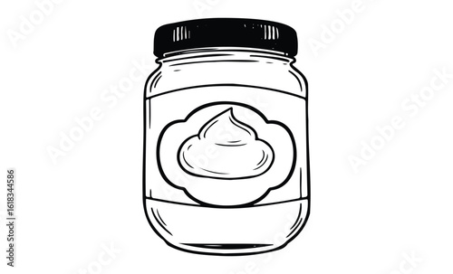 Black and white illustrated jar with lid and cream label design. Vector retro hand drawn illustration