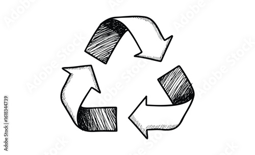 Hand-drawn recycling symbol with bold arrows on white background. Vector retro hand drawn illustration