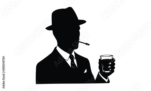 Silhouette of male holding drink and smoking cigar in suit and fedora. Vector retro hand drawn illustration