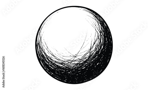 Abstract monochrome sphere with dynamic black line patterns. Vector retro hand drawn illustration