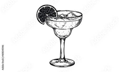 Black and white margarita cocktail illustration with lime garnish. Vector retro hand drawn illustration