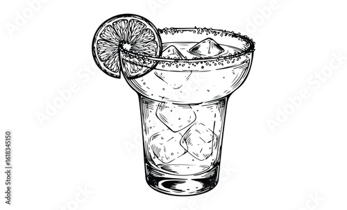 Hand-drawn margarita glass with salt rim and lime slice illustration. Vector retro hand drawn illustration