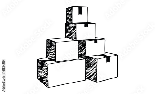Stacked cardboard boxes: hand-drawn illustration reflecting storage and organization. Vector retro hand drawn illustration