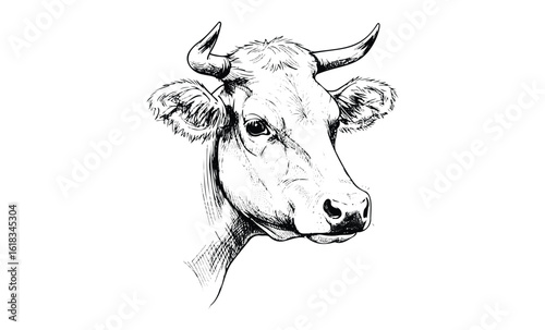 Detailed black and white sketch of a cow head with horns and expressive eyes. Vector retro hand drawn illustration