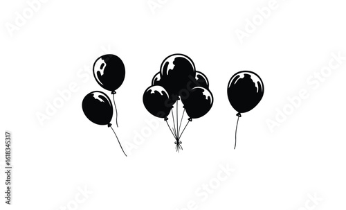 Set of black balloons floating against white background. Vector retro hand drawn illustration