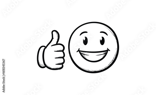 Smiling face with thumbs up hand gesture black and white sketch. Vector retro hand drawn illustration