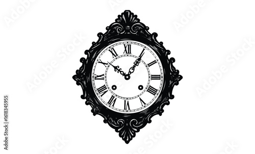 Vintage ornate wall clock with roman numerals and decorative frame. Vector retro hand drawn illustration