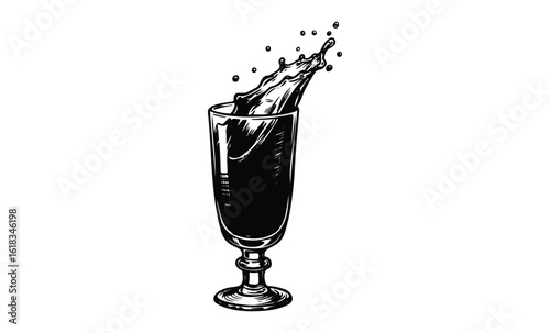 Elegant splash in goblet: dynamic liquid flow illustration. Vector retro hand drawn illustration
