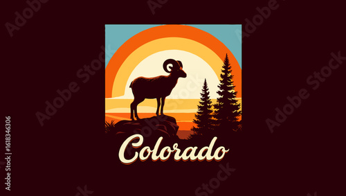 Vector art of a retro illustration of a bighorn sheep in colorado mountains