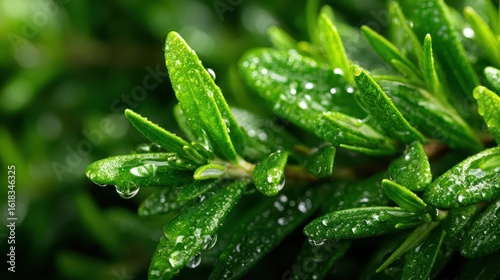 An artistic close-up image of lush green leaves glistening with dew, highlighting the intricate textures and richness of nature that symbolizes growth and vitality.