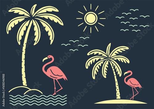 Flat Vector Icons of Tropical Beach Elements with Palm Trees, Flamingos, Sun, and Birds