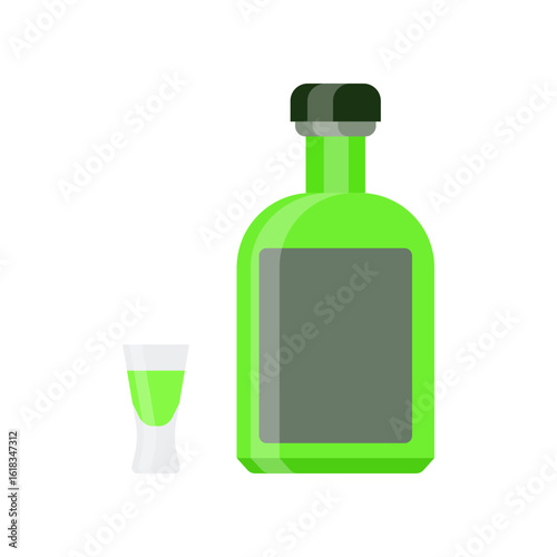 Green bottle with a black cap next to a small glass filled with green liquid. Simple vector illustration for beverage designs. Can be used in marketing materials, menus, or product labels.