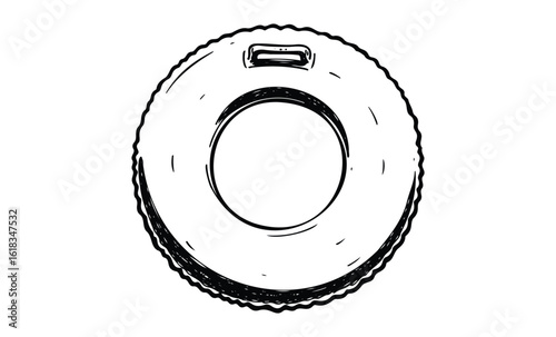 Monochrome donut-shaped inflatable pool ring top view on white background. Vector retro hand drawn illustration