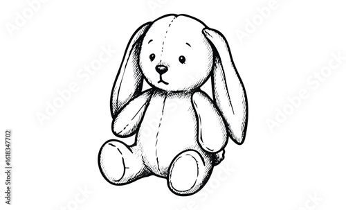 Black and white sketch of a cute plush bunny toy with floppy ears. Vector retro hand drawn illustration