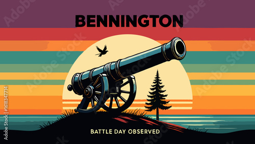 Vector art of cannon silhouetted against sunset for bennington battle day observed