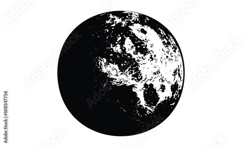 Black and white stylized earth illustration with detailed continental features. Vector retro hand drawn illustration