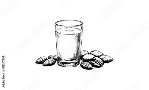 Hand-drawn glass of almond milk with almonds. Vector retro hand drawn illustration