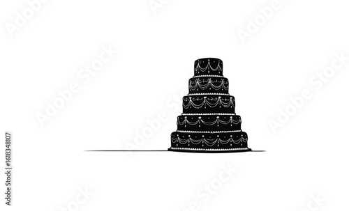 Elegant five-tier black cake with intricate white pattern decor. Vector retro hand drawn illustration