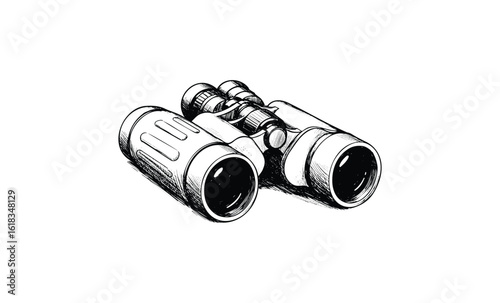 Hand-drawn binoculars illustration with detailed sketch lines in black and white. Vector retro hand drawn illustration